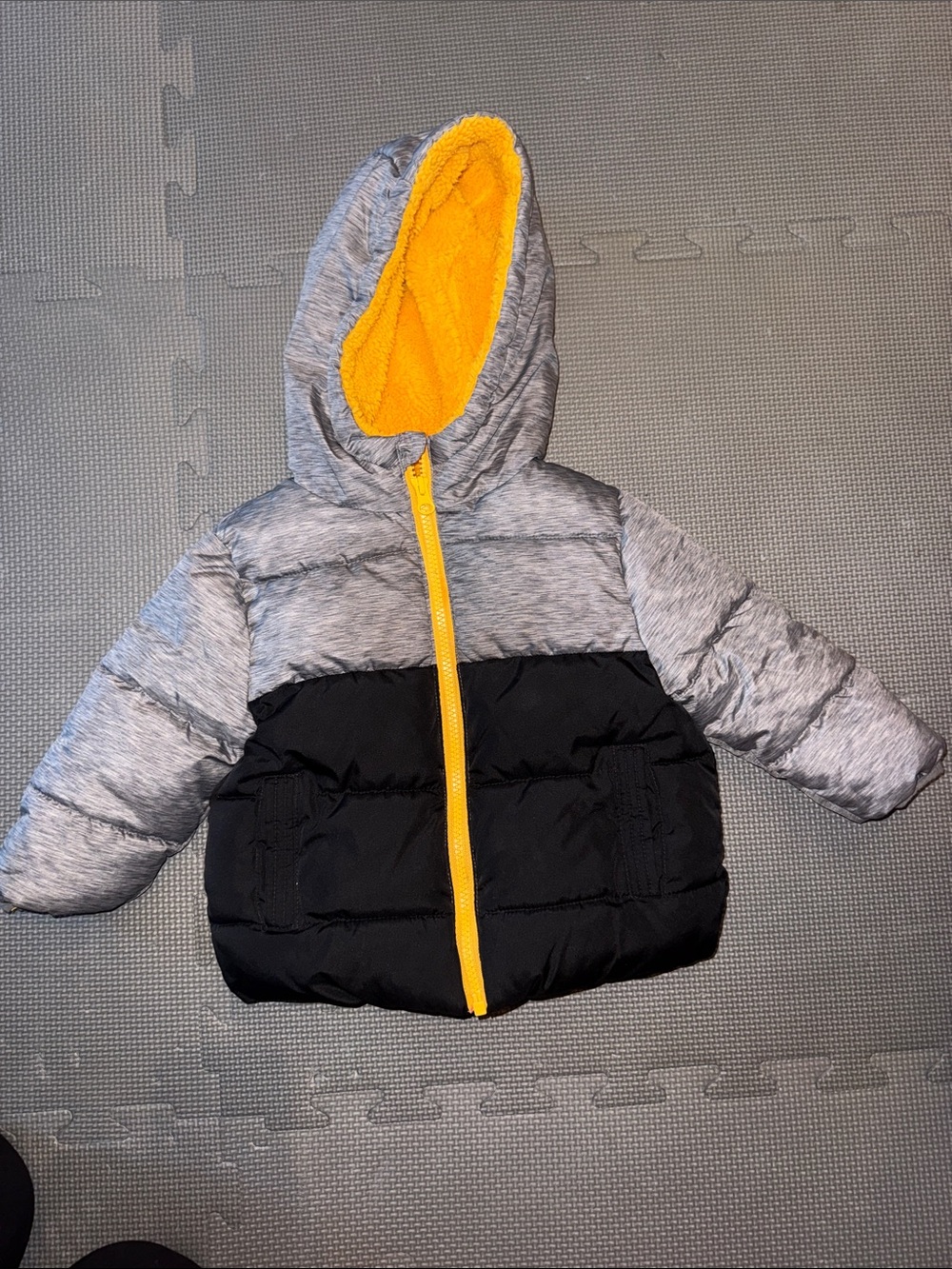 Swiss Tech Gray and Black Kids Puffer Jacket with Yellow Hood Lining